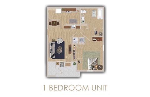 Floor plan for 1 bed, 1 bath, 755 sqft